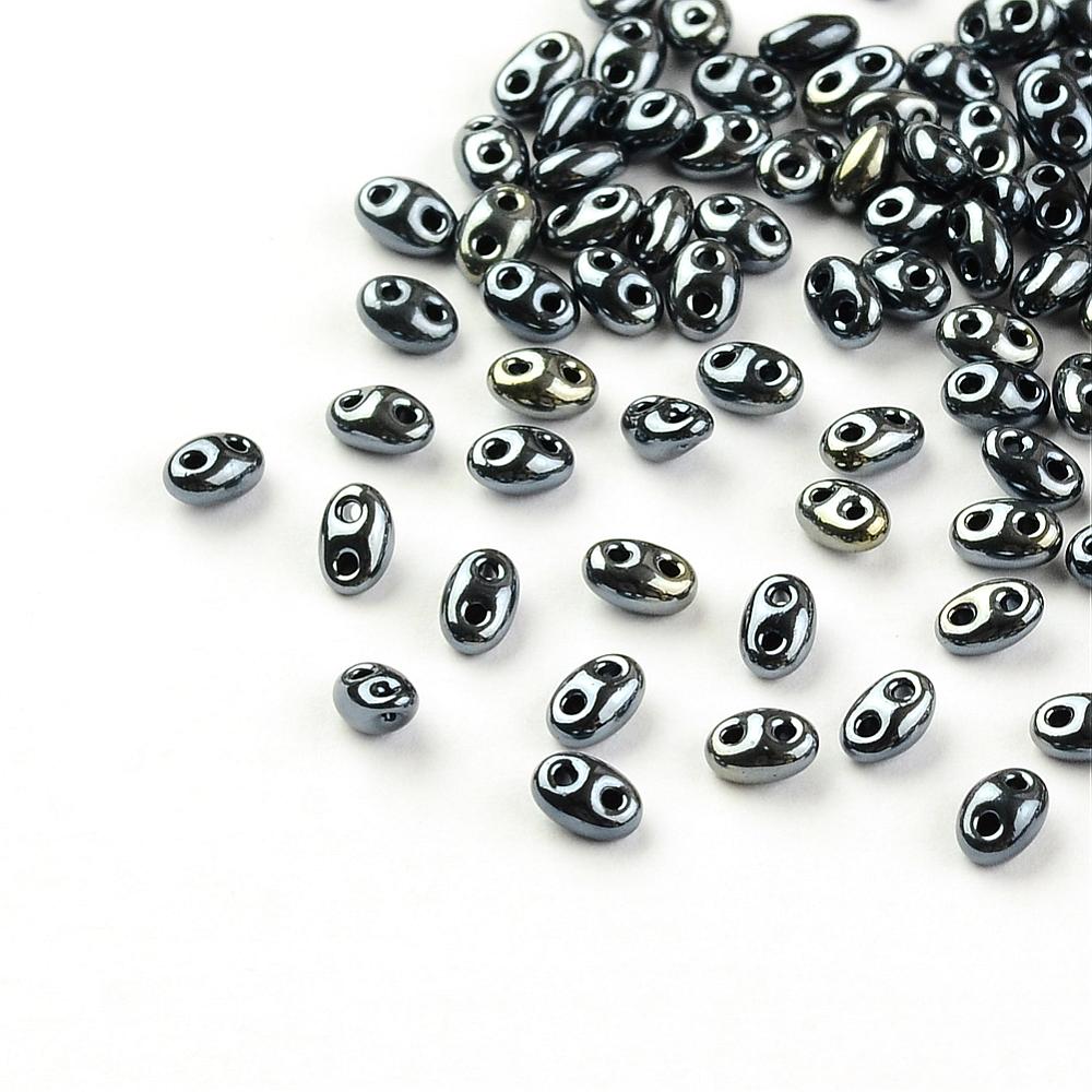 PandaHall 2-Hole Seed Beads, Czech Glass Beads, Plated Style, Hematite Plated, 5x3.5x3mm, Hole: 0.5mm; about 260pcs/20g Czech Glass Oval