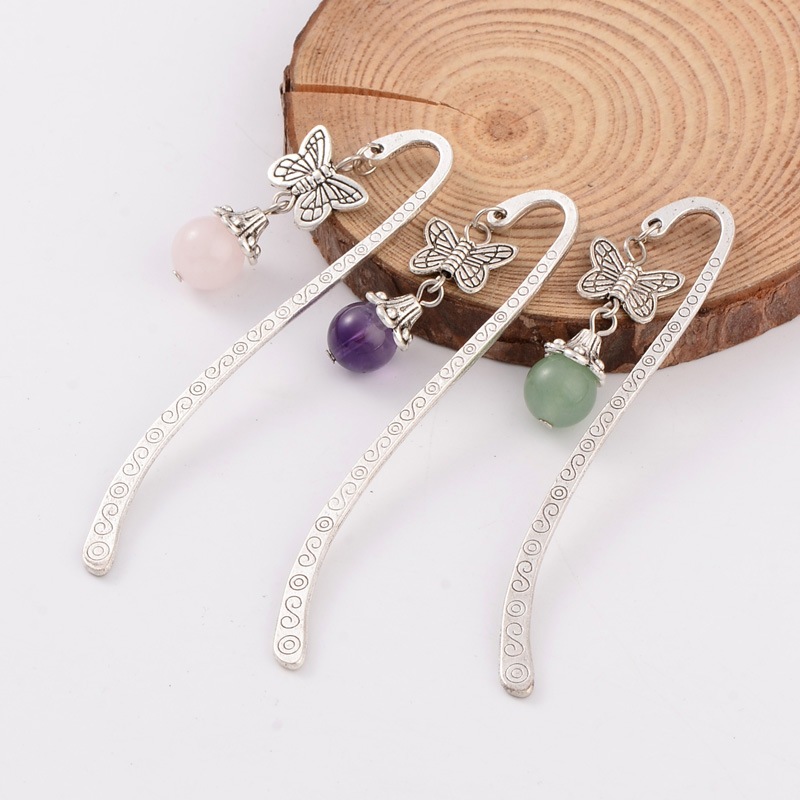 PandaHall Antique Silver Plated Alloy Butterfly Bookmarks, with Natural Gemstone Beads, 84x17mm Mixed Stone