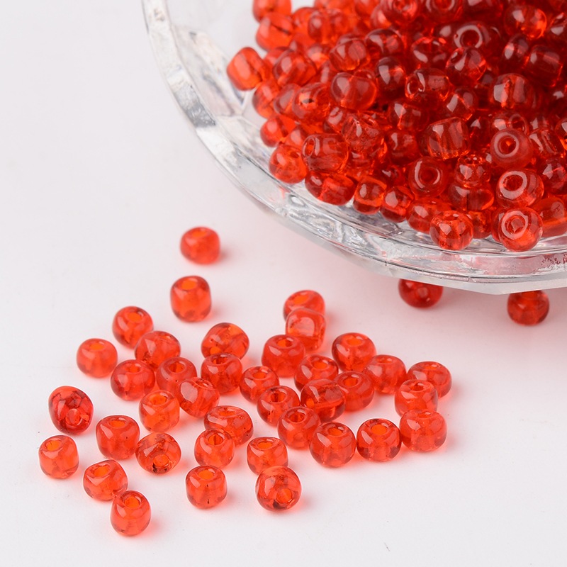 PandaHall 6/0 Glass Seed Beads, Transparent, Round, Red, 4mm, hole: 1.5mm; about 496pcs/50g Glass Red