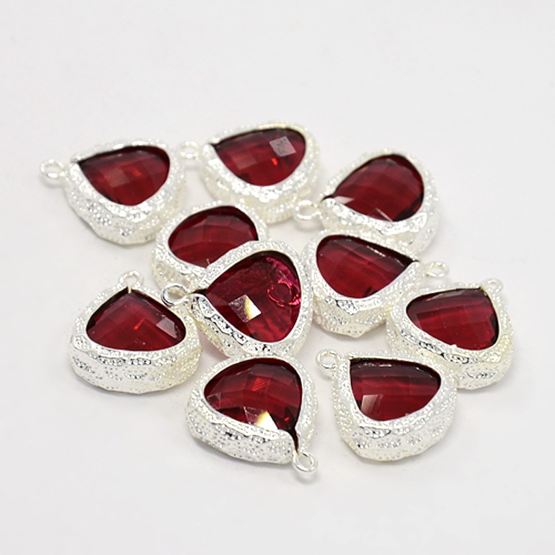 PandaHall Silver Plated Brass Glass Pendants, Faceted Triangle Charms, DarkRed, 19x16x6mm, Hole: 1mm Brass+Glass Triangle Red
