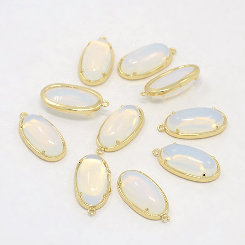 PandaHall Real Gold Plated Brass Glass Pendants, Oval, WhiteSmoke, 24x15x7mm, Hole: 1mm Brass+Glass Oval White