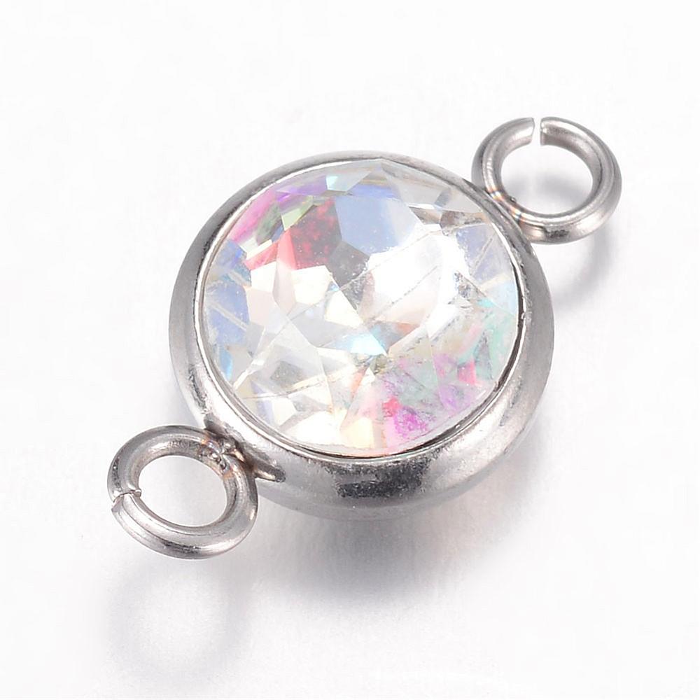 PandaHall K9 Glass Links, Faceted, with 304 Stainless Steel Findings, Flat Round, Stainless Steel Color, Crystal AB, 17.5x10x6.5mm, Hole...