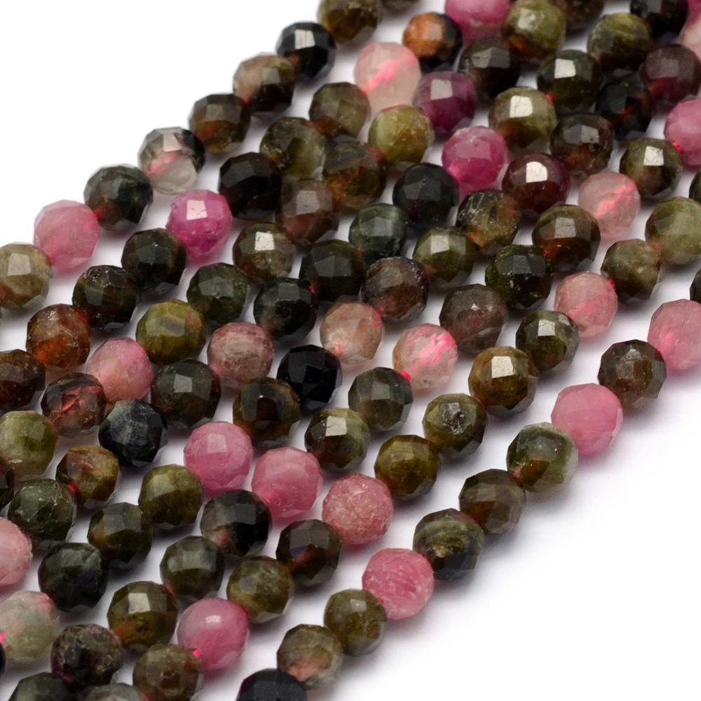 PandaHall Natural Tourmaline Beads Strands, Faceted, Round, 4mm, Hole: 1mm; about 90pcs/strand, 15.35"(39cm) Tourmaline Round