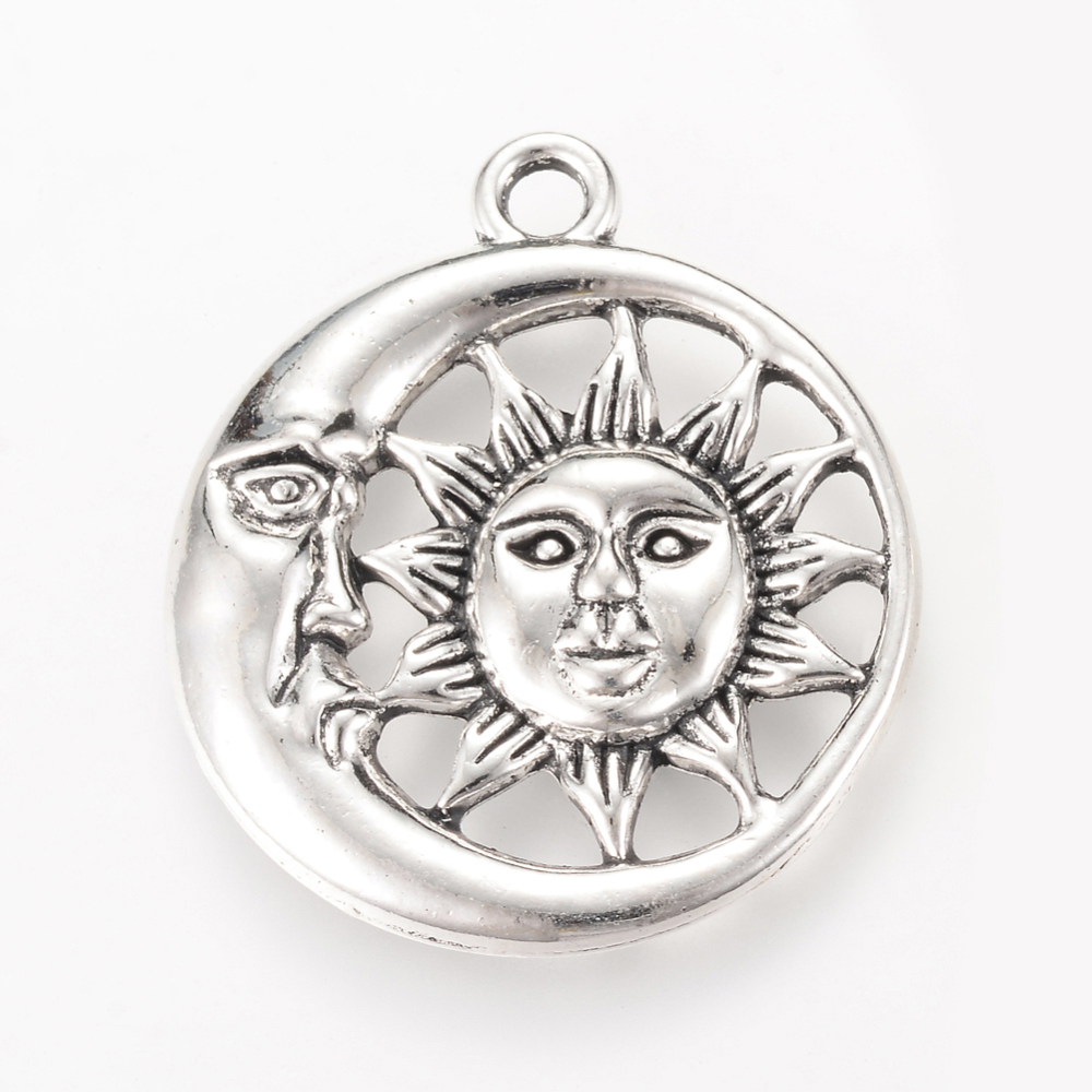 PandaHall Tibetan Style Alloy Pendants, Flat Round with Sun & Moon, Cadmium Free & Nickel Free & Lead Free, Antique Silver, 30x26.5x3mm...