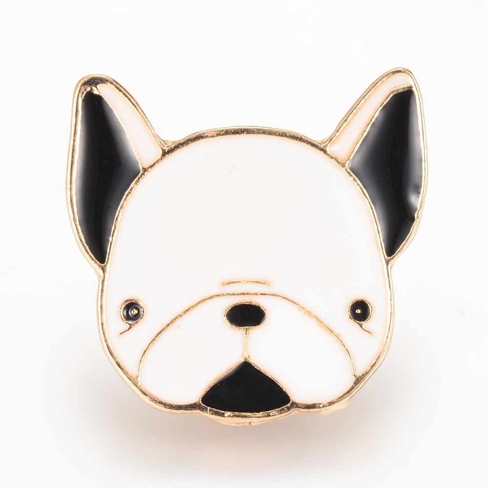 PandaHall Alloy Enamel Brooches, with Brass Finding, Dog, Light Gold, White, 24x25mm; Pin: 1.2mm Alloy White