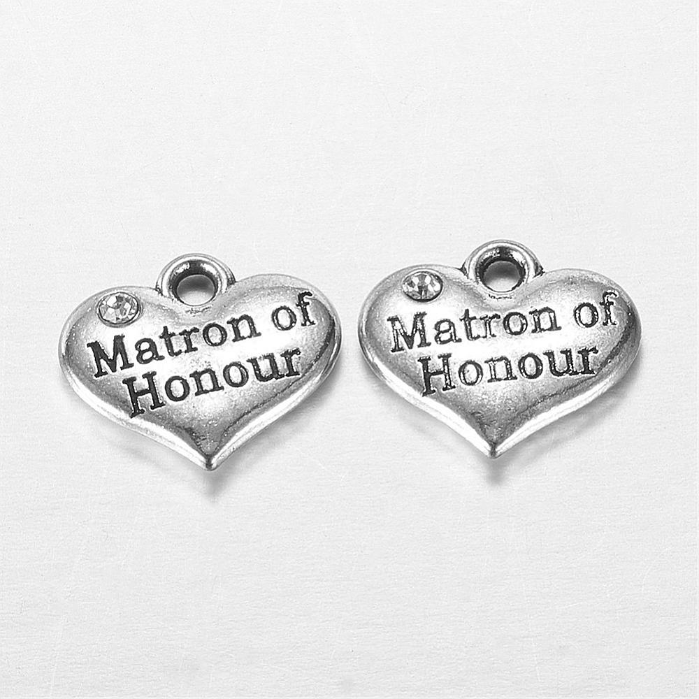 PandaHall Wedding Theme Antique Silver Tone Tibetan Style Heart with Matron of Honour Rhinestone Charms, Crystal, 14x16x3mm, Hole: 2mm Alloy...