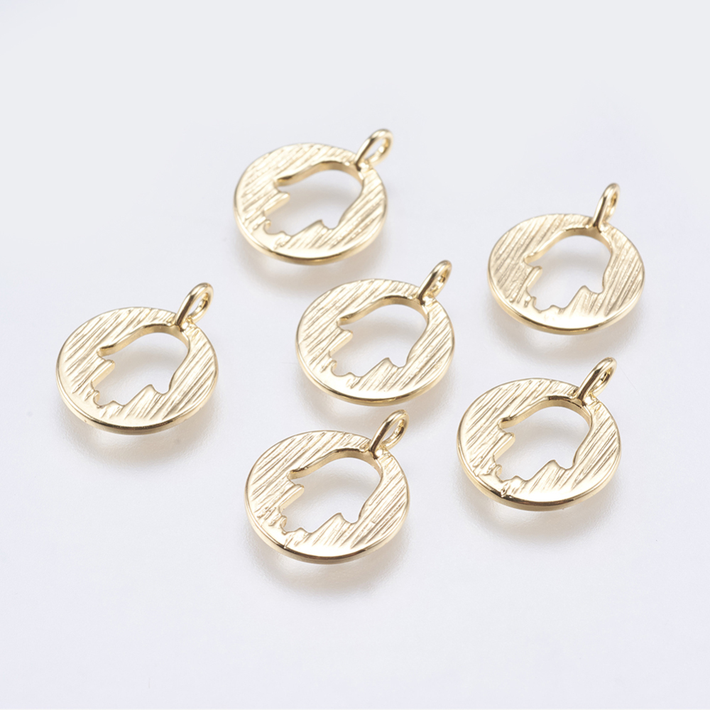 PandaHall Brass Charms, Flat Round with Hamsa Hand, Real Gold Plated, 13x10.5x1mm, Hole: 1.5mm Brass Flat Round