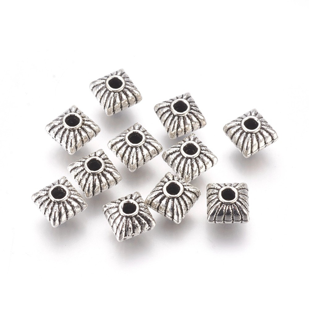 PandaHall Tibetan Style Bead Spacers, Square, Lead Free & Cadmium Free, Antique Silver, 7x7x6.5mm, Hole: 1mm Alloy Square