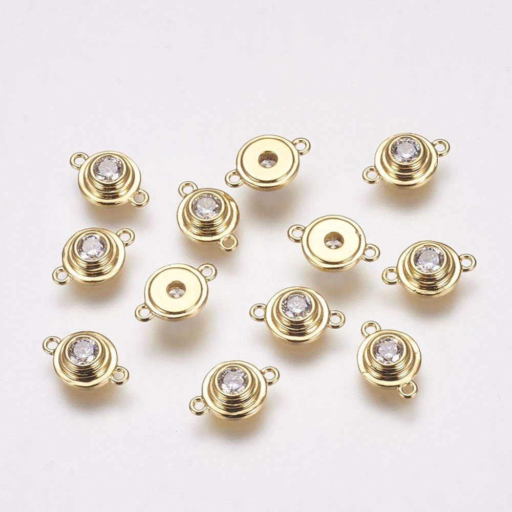 PandaHall Brass Cubic Zirconia Links, Flat Round, Real Gold Plated, 9x6x2.5mm, Hole: 1mm Brass+Cubic Zirconia Flat Round