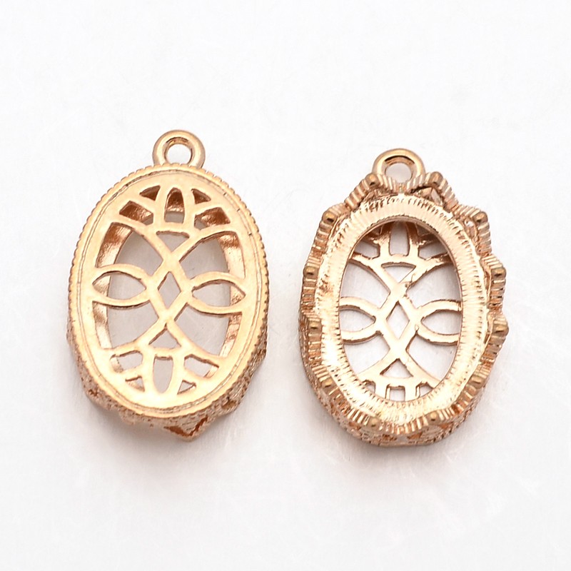 PandaHall Brass Oval Pendants Cabochon Settings, Rose Gold, Tray: 13x18mm; 23x15x8mm, Hole: 2mm Brass Oval