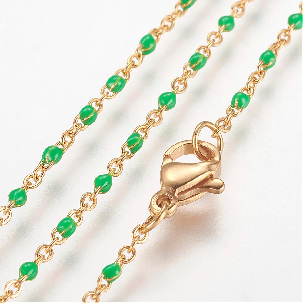 PandaHall 304 Stainless Steel Chain Necklaces, with Enamel Links, Golden, Green, 17.91"(45.5cm); 1.5~2mm Stainless Steel Green