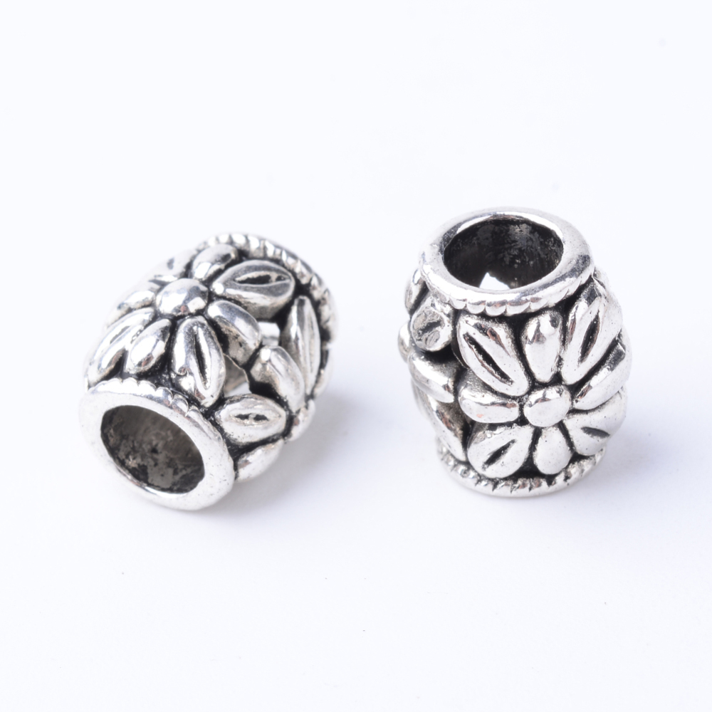 PandaHall Tibetan Style Alloy European Beads, Large Hole Beads, Barrel with Flower, Cadmium Free & Nickel Free & Lead Free, Antique Silver...