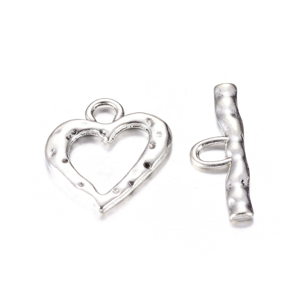 PandaHall Antique Silver Heart Tibetan Style Toggle Clasps, Lead Free and Cadmium Free, Size: Heart: about 26x23x2mm, Bar: 31x10x2mm, hole...