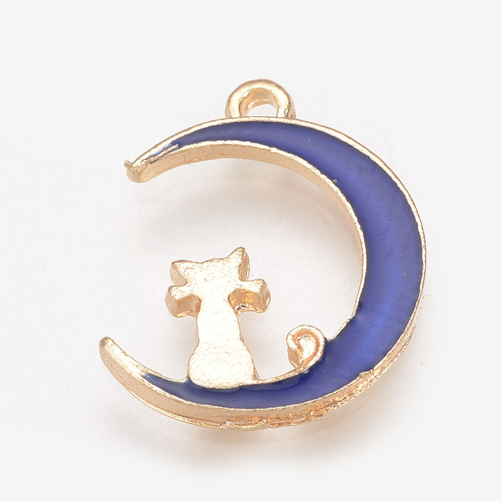 PandaHall Alloy Enamel Pendants, Moon with Cat, Blue, 17x13x1.5mm, Hole: 1mm Alloy+Enamel Moon Blue