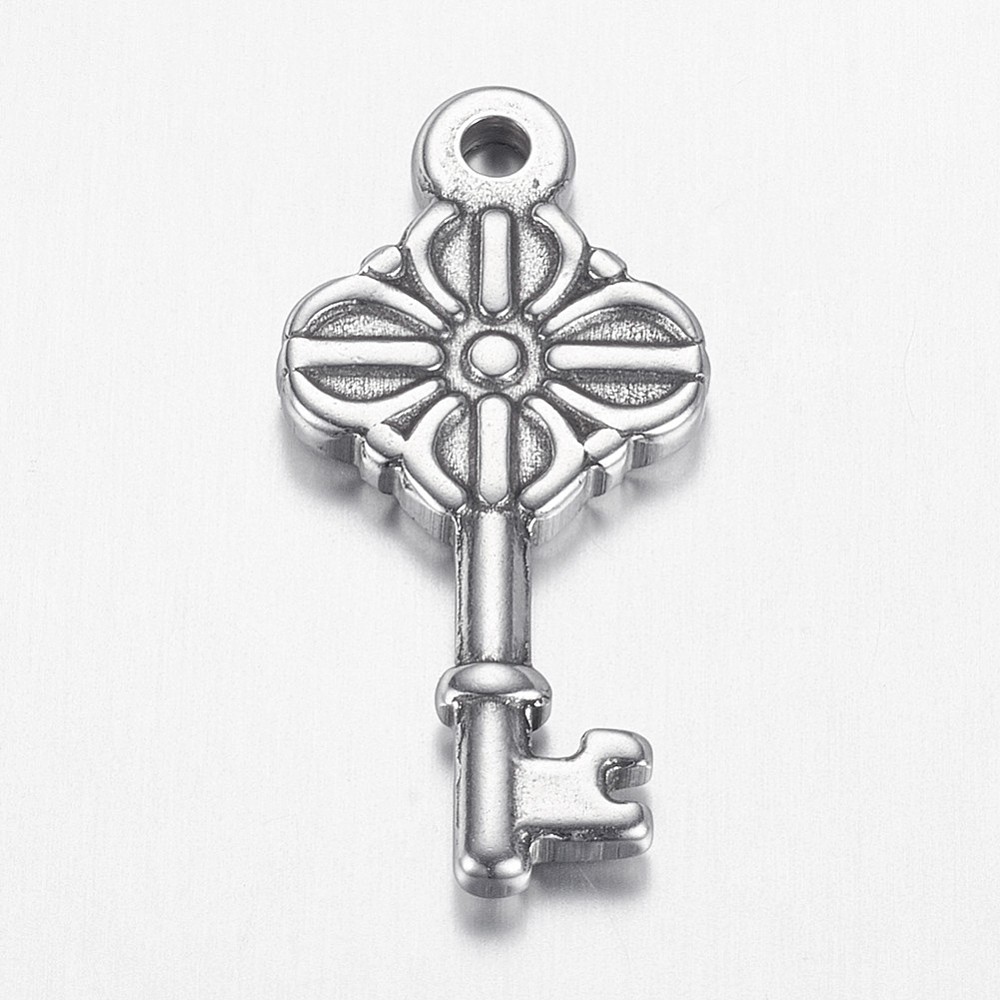 PandaHall 304 Stainless Steel Pendants, Skeleton Key, Stainless Steel Color, 25x12x2.5mm, Hole: 1.5mm Stainless Steel Key