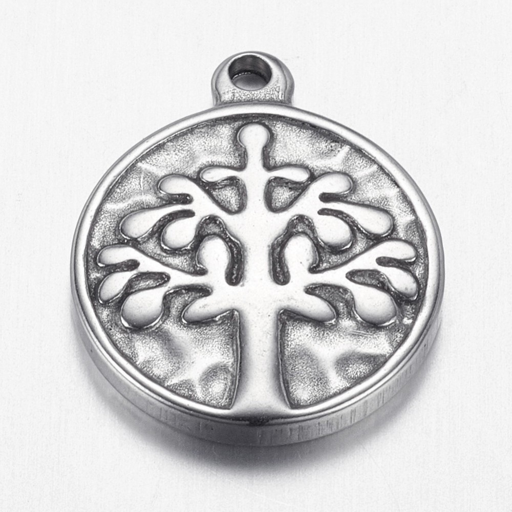 PandaHall 304 Stainless Steel Pendants, Flat Round with Tree, Stainless Steel Color, 19.5x16x2.5mm, Hole: 1.5mm Stainless Steel Flat Round