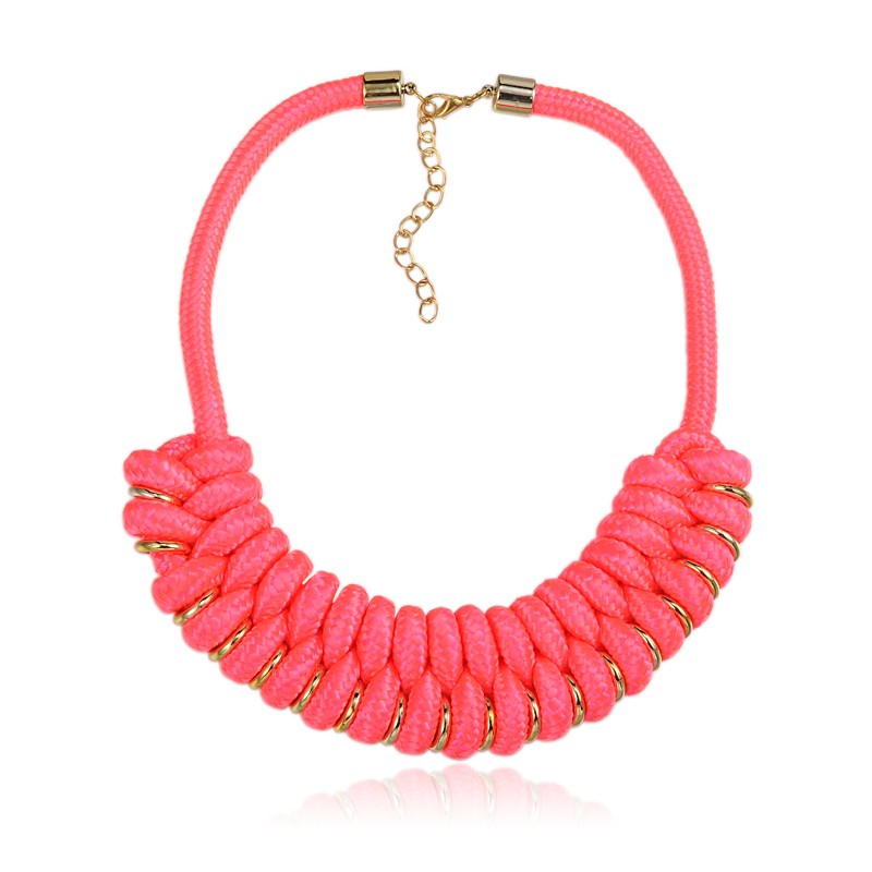 PandaHall Trendy Nylon Brass Bib Statement Necklaces, with Iron End Chains and Brass Lobster Claw Clasps, Golden, Fuchsia, 18.1" Nylon Pink