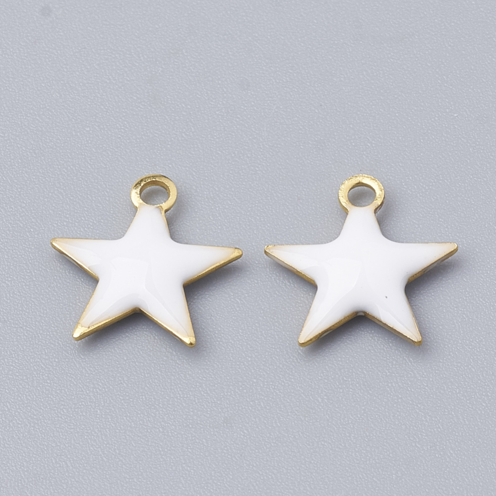 PandaHall Brass Charms, with Enamelled Sequins, Unplated, Star, White, 10.5x10x1.5mm, Hole: 1mm Brass+Enamel Star White