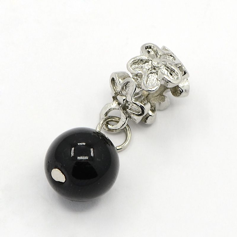 PandaHall Large Hole Platinum Plated Alloy European Dangle Beads, with Round Acrylic Beads, Black, 28mm, Hole: 5mm Alloy+Acrylic Round Black