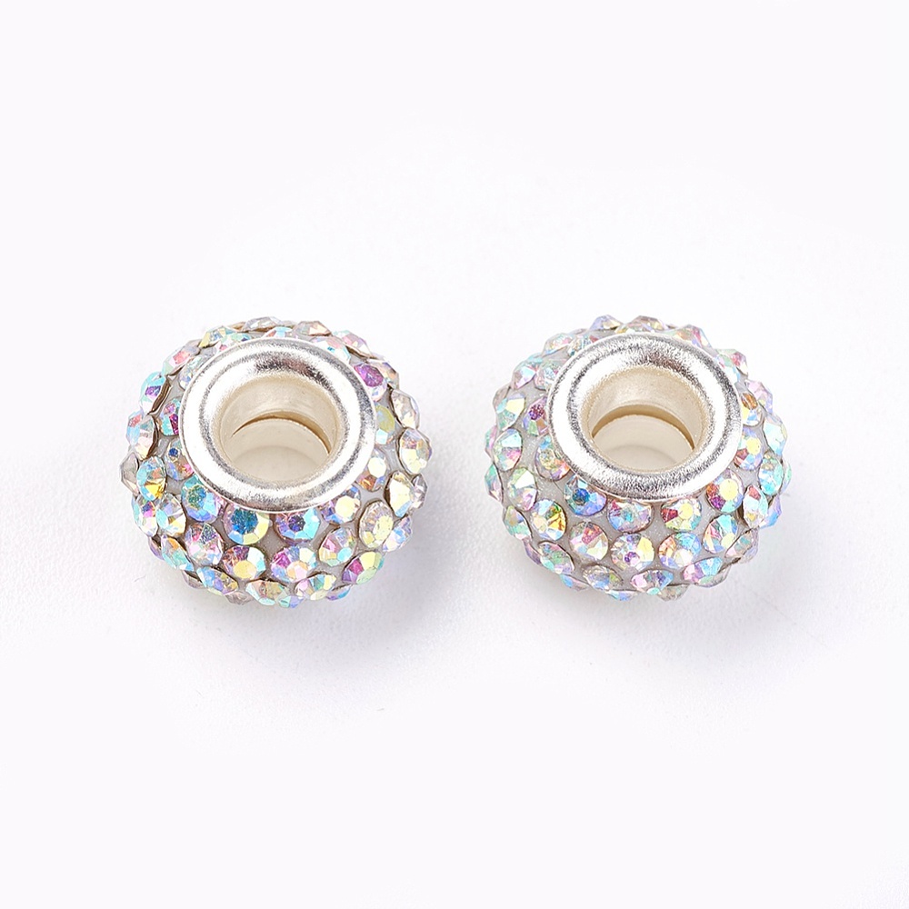 PandaHall Resin Grade A Rhinestone European Beads, Large Hole Rondelle Beads, with Silver Color Brass Core, Crystal AB, 12x8mm, Hole: 4mm...