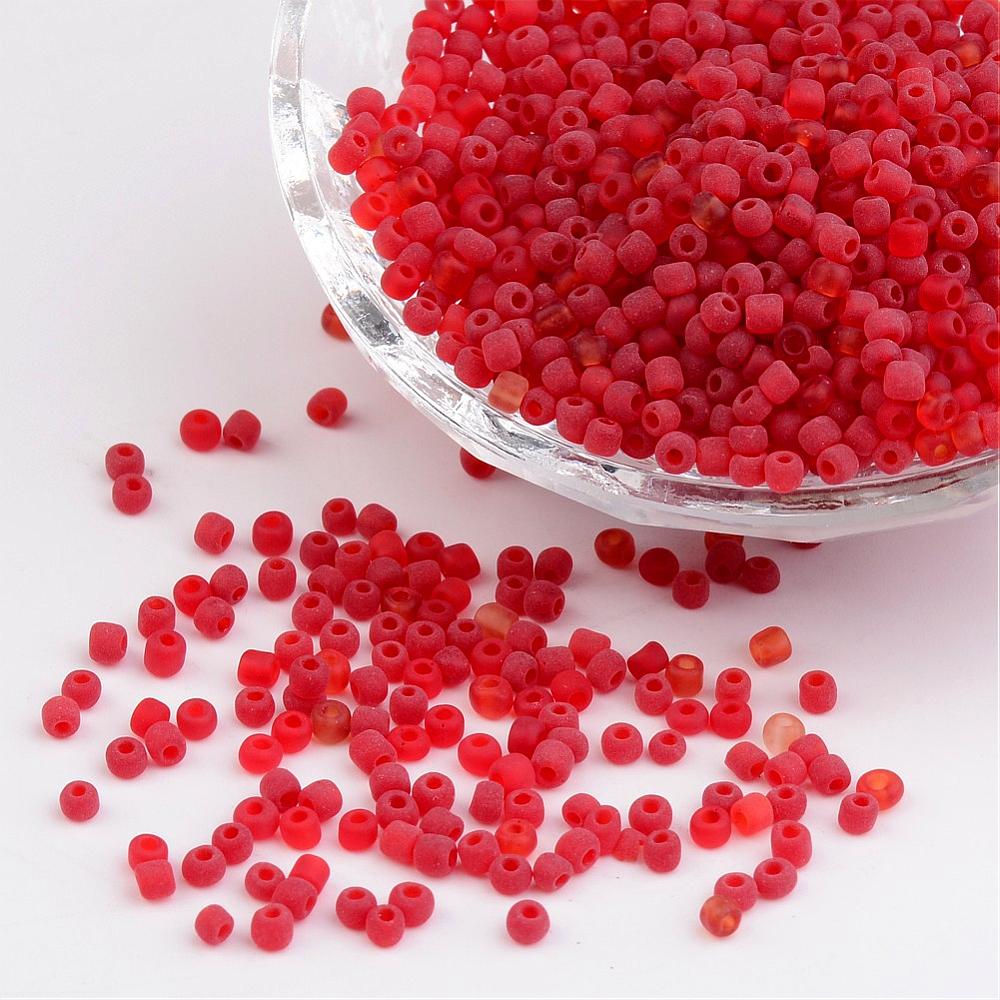 PandaHall 8/0 Frosted Round Glass Seed Beads, Red, Size: about 3mm in diameter, hole:1mm, about 1101pcs/50g Glass Red