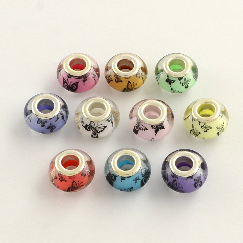PandaHall Large Hole Butterfly Pattern Acrylic European Beads, with Platinum Tone Brass Double Cores, Rondelle, Mixed Color, 14x9mm, Hole...