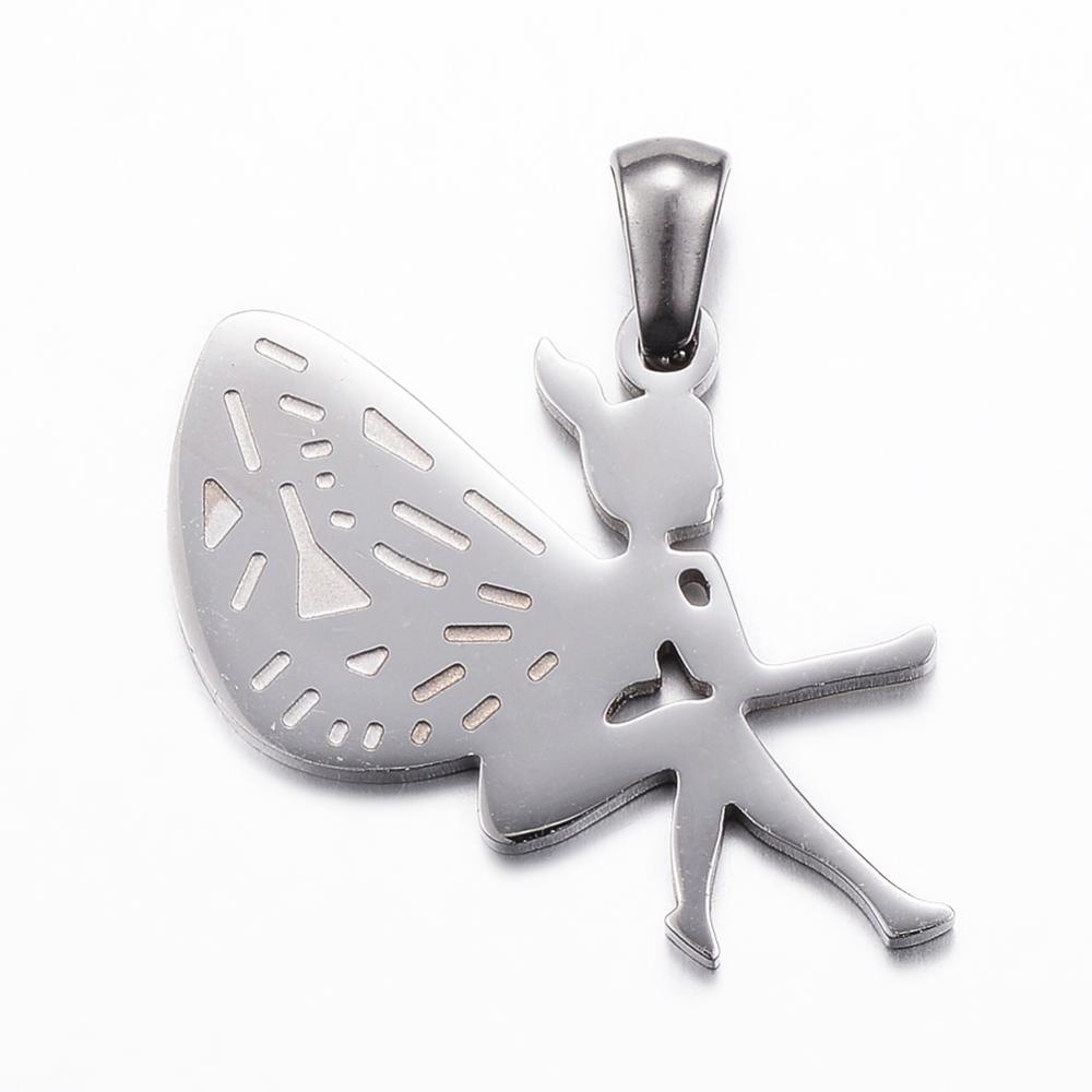 PandaHall 304 Stainless Steel Pendants, Fairy, Stainless Steel Color, 28x21x1.5mm, Hole: 3x5mm Stainless Steel Angel & Fairy