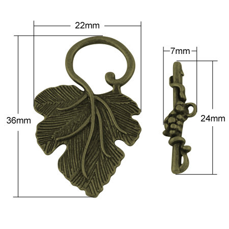 PandaHall Alloy Toggle Clasps, Lead Free & Nickel Free, Leaf, Antique Bronze, 24x7x4.5mm Alloy Leaf