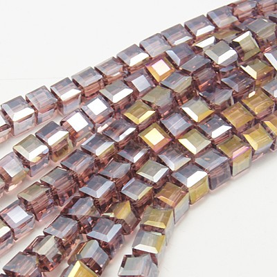 PandaHall Electroplate Glass Beads Strands, AB Color Plated, Faceted, Cube, Purple, 4x4x4mm, Hole: 1mm Cube Purple