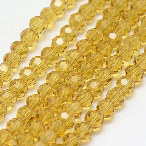 PandaHall Glass Beads Strands, Faceted, Round, LightKhaki, 4mm, Hole: 1mm; about 100pcs/strand, 13.7" Glass Round