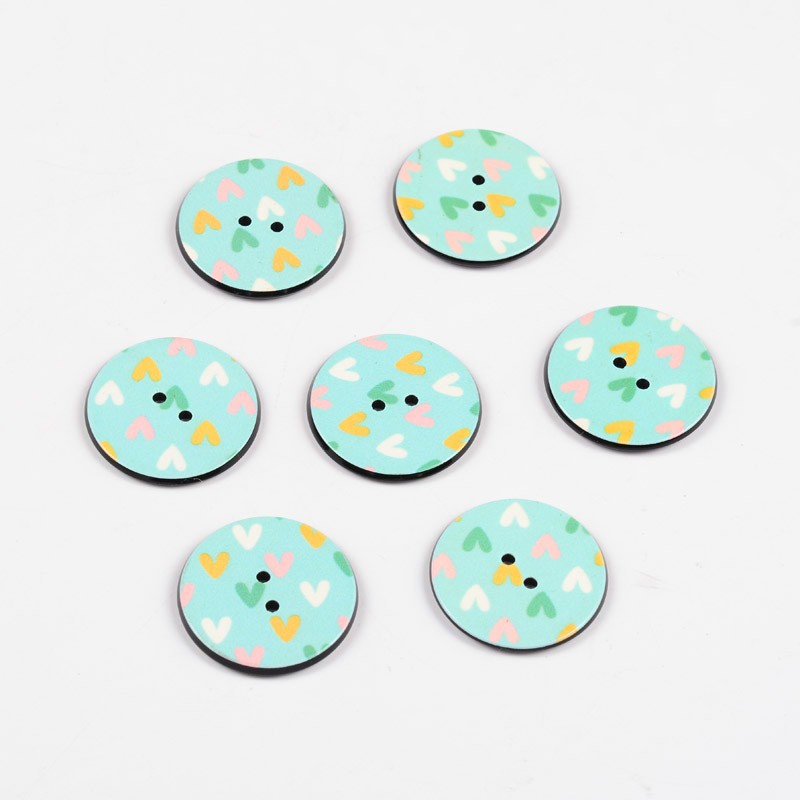PandaHall 2-Hole Flat Round with Heart Pattern Acrylic Buttons, Aquamarine, 25x2mm, Hole: 2mm Acrylic Flat Round Green