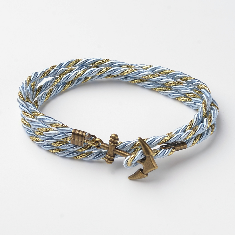 PandaHall Two Loops Polyester Cord Wrap Bracelets, with Anchor Antique Bronze Tone Alloy Findings, LightSkyBlue, 415x3mm Mixed Material