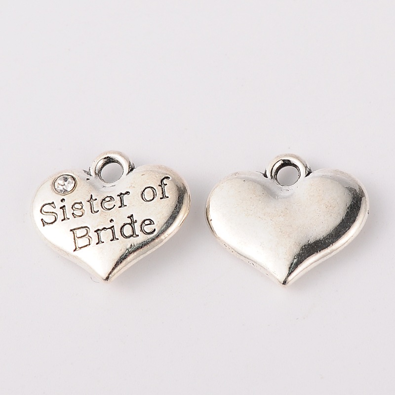 PandaHall Wedding Theme Antique Silver Tone Tibetan Style Heart with Sister of Bride Rhinestone Charms, Crystal, 14x16x3mm, Hole: 2mm...
