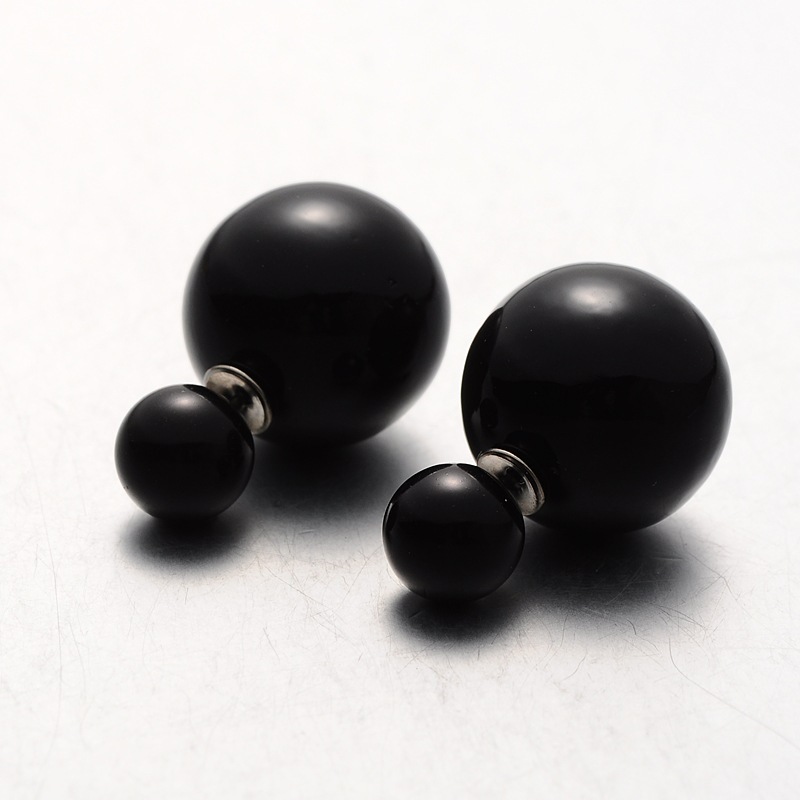 PandaHall Electroplated Plastic Pearl Ball Stud Earrings, Black, 8~15.5mm, Pin: 0.8mm Plastic Black