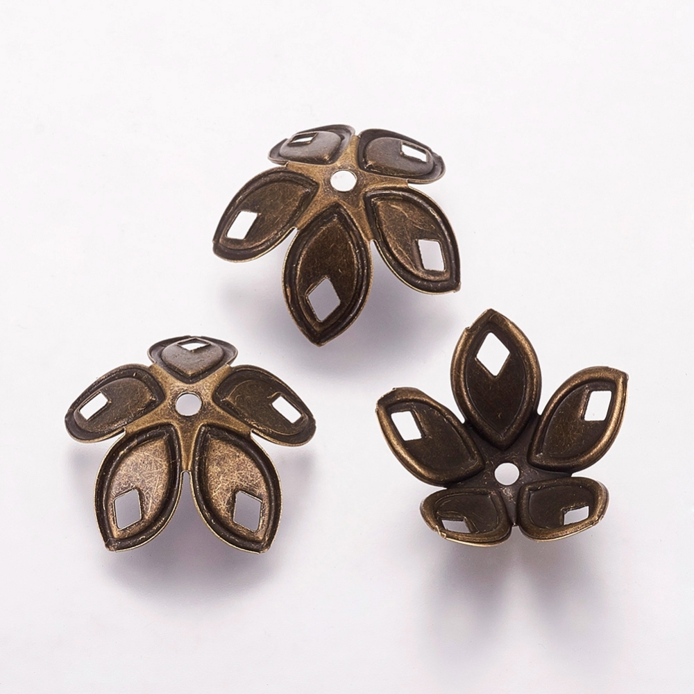 PandaHall Iron Bead Caps, Nickel Free, 5-Petal, Antique Bronze, about 18mm in diameter, 8mm high, hole: 2mm Iron