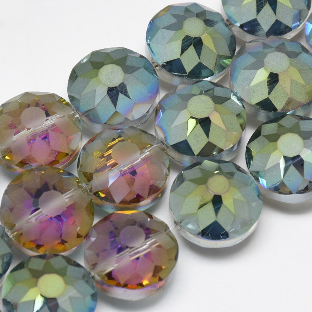 PandaHall Electroplate Glass Beads Strands, Rainbow Plated, Faceted, Flat Round, MediumSeaGreen, 14x10mm, Hole: 1.5mm; about 50pcs/strand...