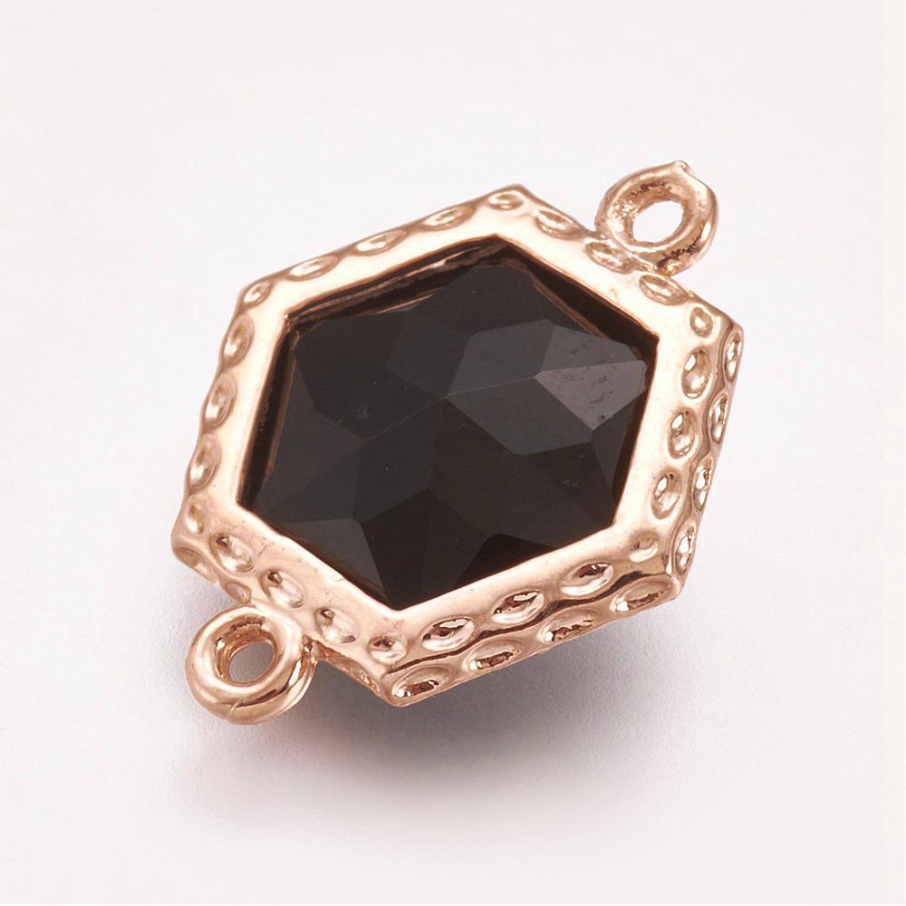 PandaHall Faceted Glass Links, with Brass Finding, Hexagon, Light Gold, Black, 18x14.5x5mm, Hole: 1mm Glass Hexagon Black