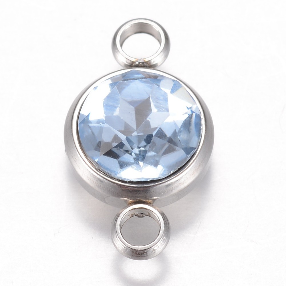PandaHall Glass Links, Faceted, with 304 Stainless Steel Findings, Flat Round, Stainless Steel Color, Light Sapphire, 17.5x10x6.5mm, Hole...