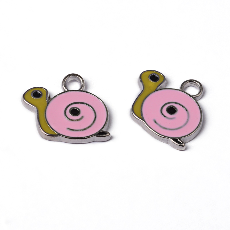 PandaHall Alloy Enamel Pendants, Snail, Platinum, Pink, about 16mm long, 18mm wide, 2mm thick, hole: 2mm Alloy+Enamel Snail Pink