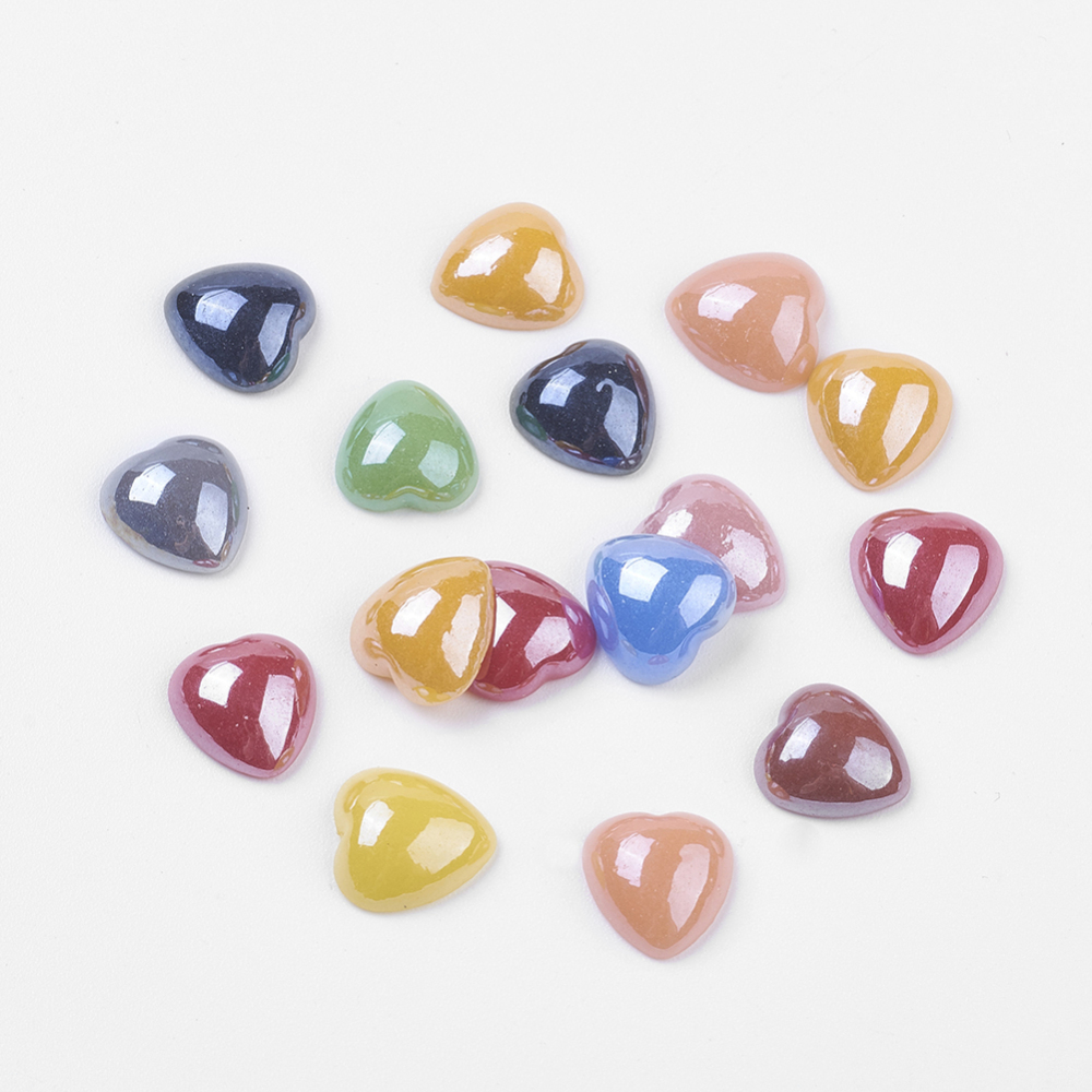 PandaHall Glass Cabochons, Plated Pearlized, Heart, Mixed Color, 10x10x3mm Glass Heart Multicolor