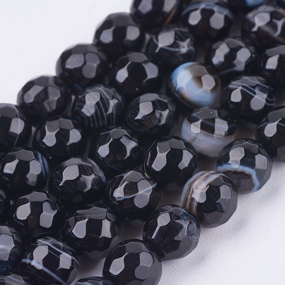 PandaHall Madagascar Agate Bead Strands, Faceted, Round, Dyed & Heated, 6mm Natural Agate Round Black