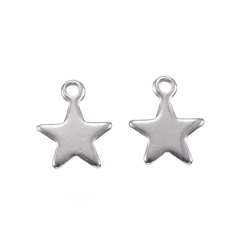 PandaHall 304 Stainless Steel Charms, Star, Stainless Steel Color, 10x8x0.8mm, Hole: 1mm Stainless Steel Star