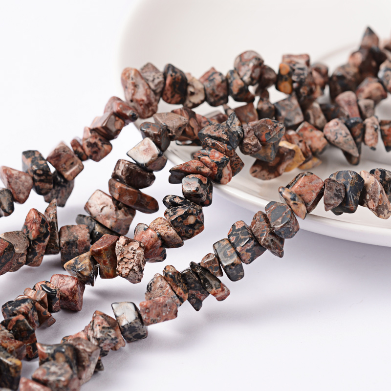 PandaHall Natural Leopard Skin Jasper Jasper Chips Beads Strands, 5~8mm, Hole: 0.3mm; 36" Leopardskin Chip Brown