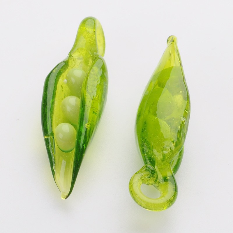 PandaHall Handmade Lampwork Pendants, Pea Pod, LawnGreen, 35~37x9~10x8~9mm, Hole: 3mm; about 12pcs/box Lampwork Vegetables Green