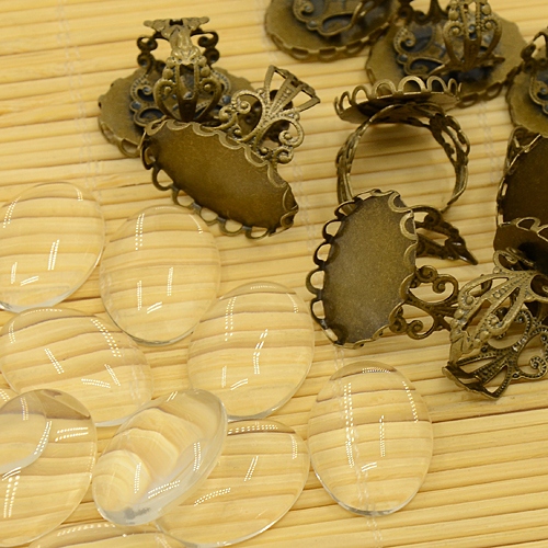PandaHall DIY Antique Bronze Brass Pad Ring Making, with Oval Tray and Transparent Clear Glass Cabochons, Nickel Free, Ring: 16mm; Tray...