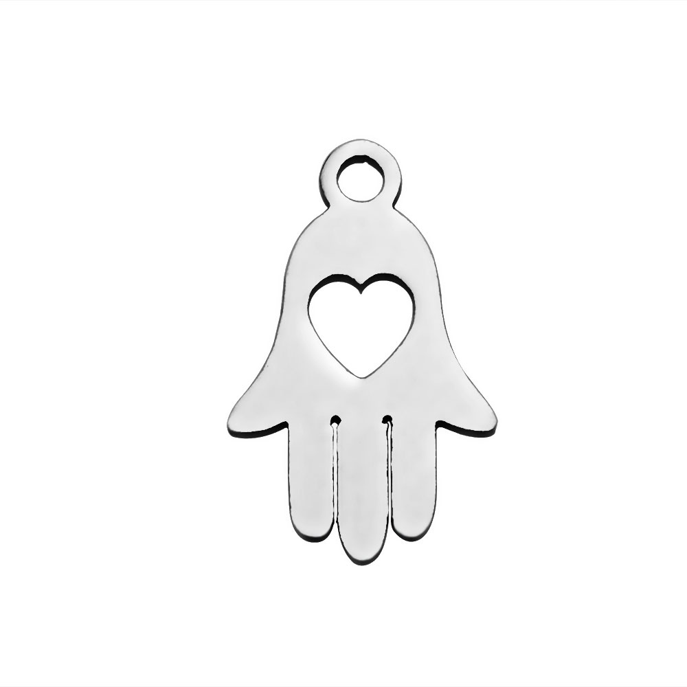 PandaHall 304 Stainless Steel Charms, Hamsa Hand/Hand of Fatima/Hand of Miriam with Heart, Stainless Steel Color, 15x9.5x1.2mm, Hole: 1mm...