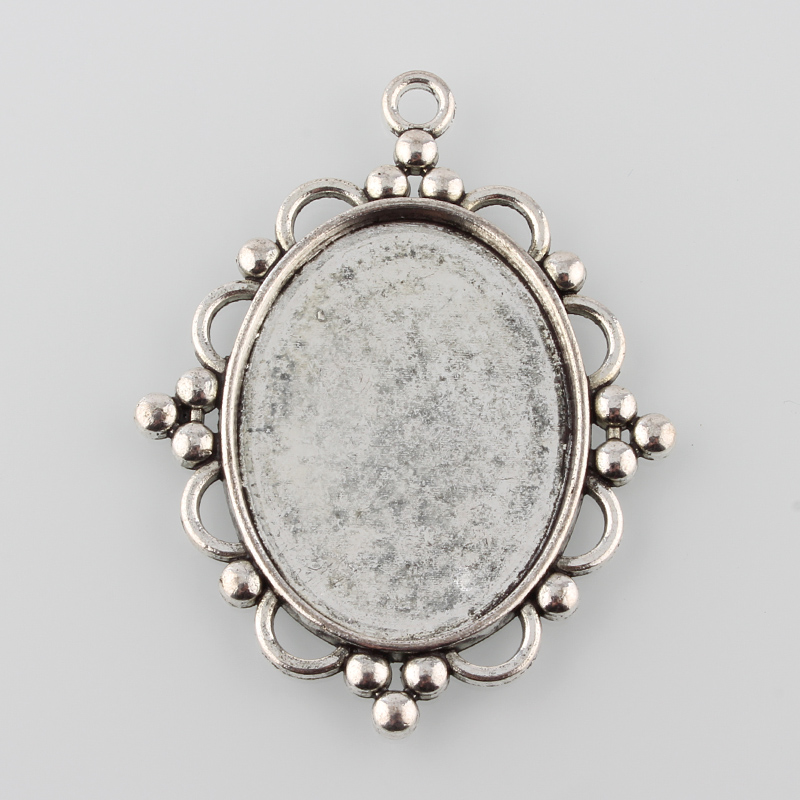PandaHall Tibetan Style Antique Silver Alloy Flat Oval Pendant Cabochon Settings, Tray: 40x30mm; 63x49x3mm, Hole: 3mm; about 92pcs/1000g...