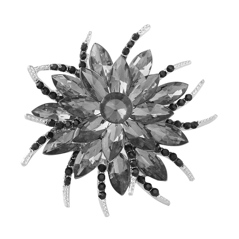 PandaHall Women's Beautiful Flower Alloy Rhinestone Brooches, Platinum, Black Diamond, 65mm; Flower: 50mm Alloy+Rhinestone