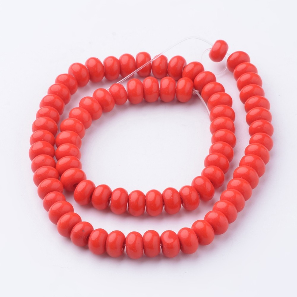 PandaHall Glass Beads Strands, Rondelle, Dyed, OrangeRed, 6x4mm, Hole: 1mm; about 71pcs/strand, 10.8" Glass Rondelle Red