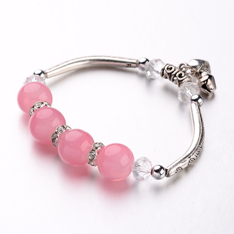 PandaHall Antique Silver Alloy Heart Charm Bracelets, with Alloy Tube Beads, Resin Beads and Rhinestone Spacer Beads, Pink, 56mm Resin Pink